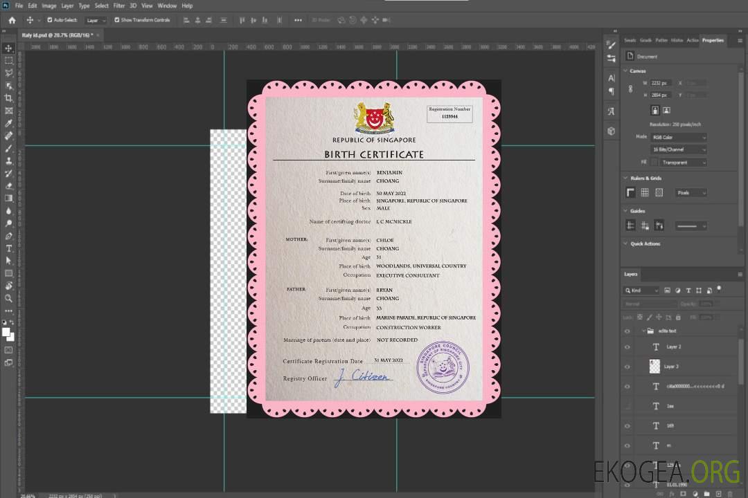 Modèle PSD de certificat de naissance de l'état civil de Singapour template Modèle PSD de certificat de naissance de l'état civil de Singapour template